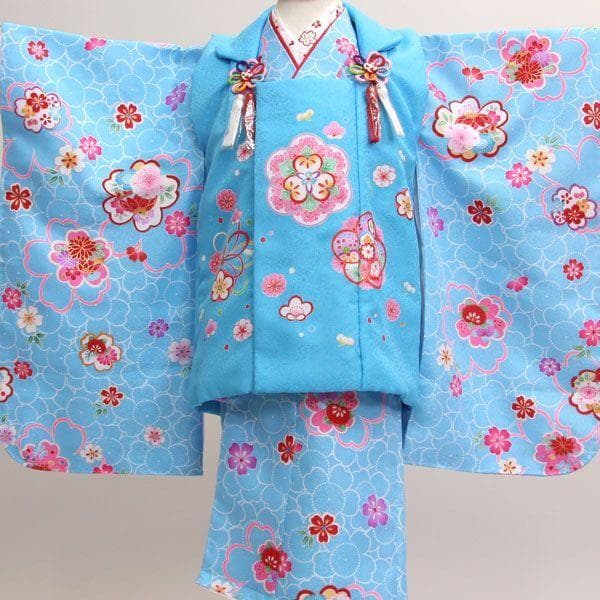 七五三 三歳 女児 被布着物フルセット 水色 刺繍半襟 伊達衿付き お仕立て無料