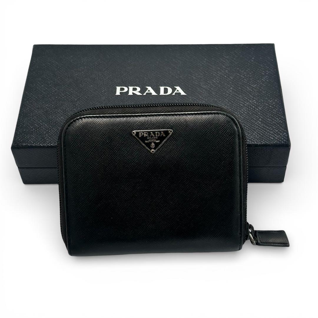【美品】プラダ 2つ折り長財布 サフィアーノレザー ブラック 黒 三角プレート