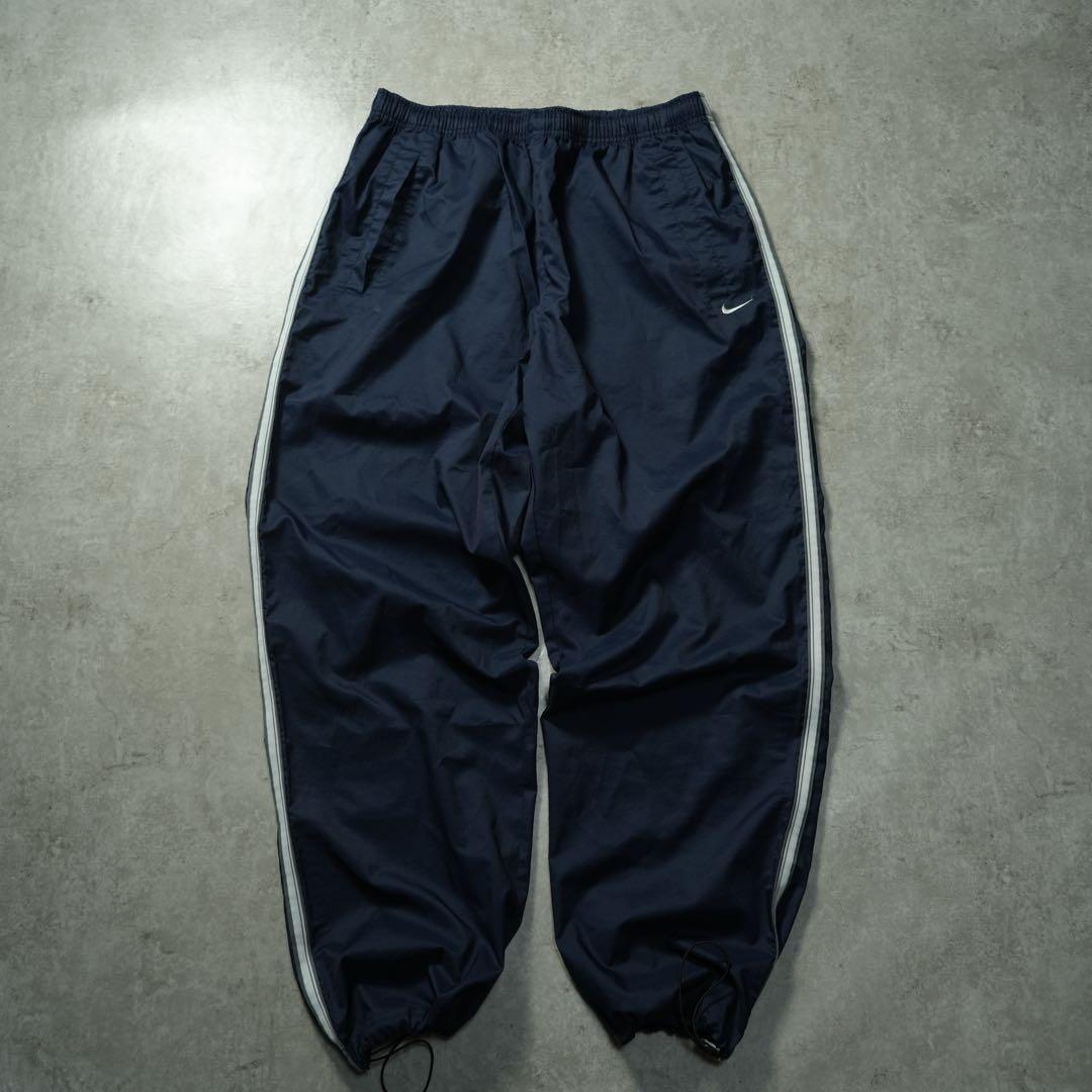 ジ*)様 00s NIKE バギー ナイロンパンツ サイドライン ネイビー y2