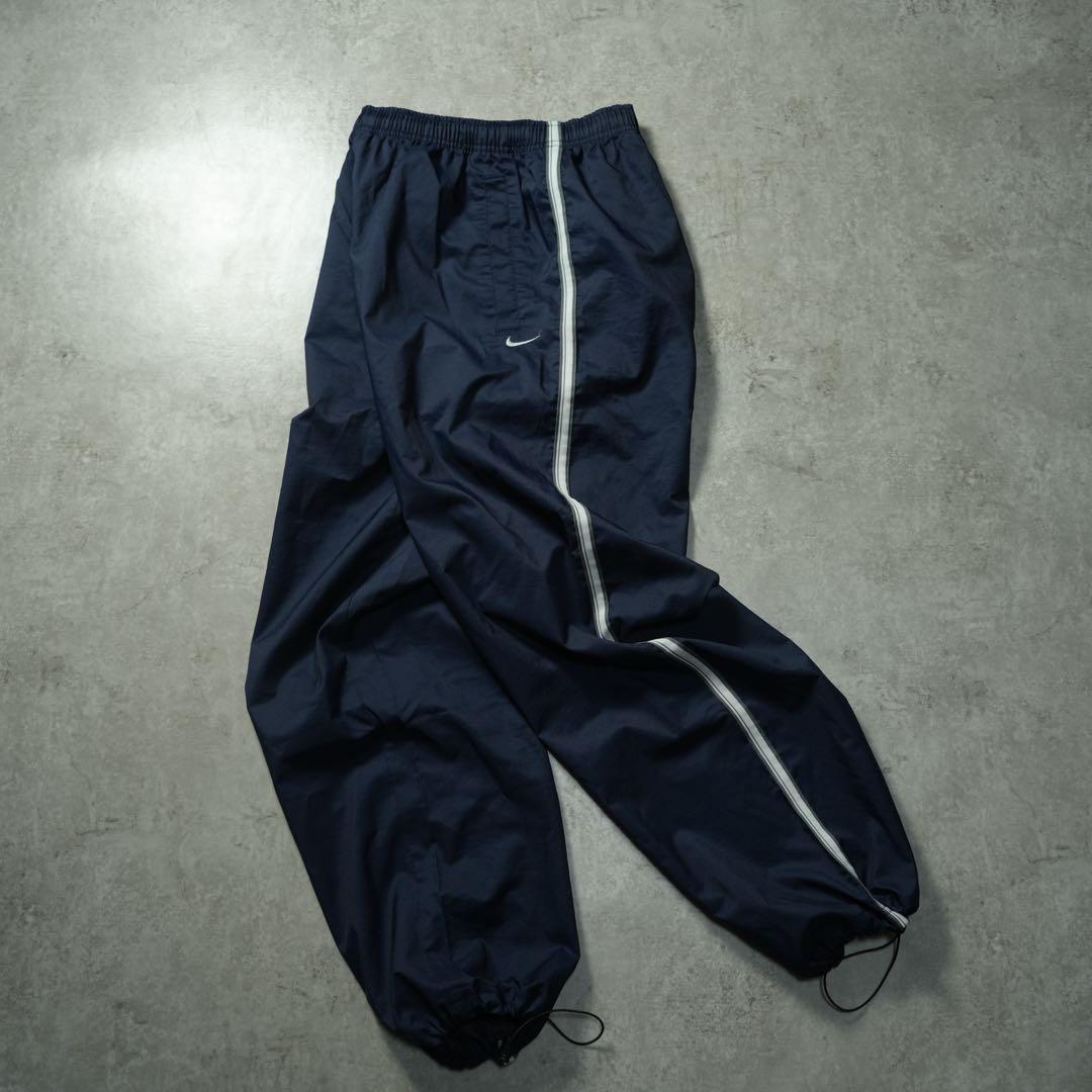 ジ*)様 00s NIKE バギー ナイロンパンツ サイドライン ネイビー y2
