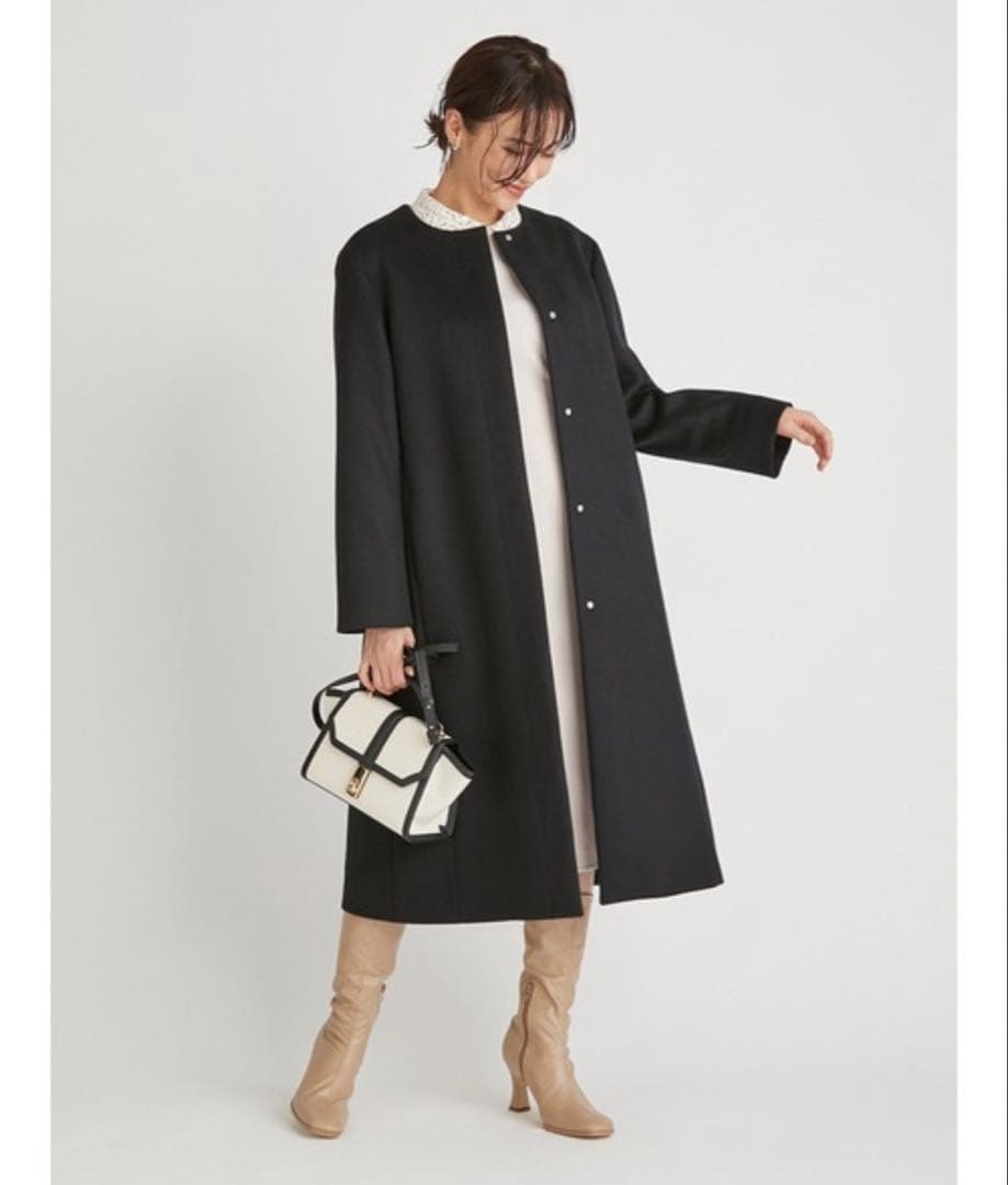 美品 CELFORD セルフォード ノーカラーロングコート 36 黒