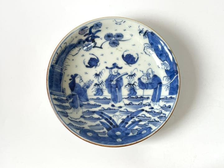 骨董　染付　吉祥文　三仙人図　五寸皿　古染付　青花