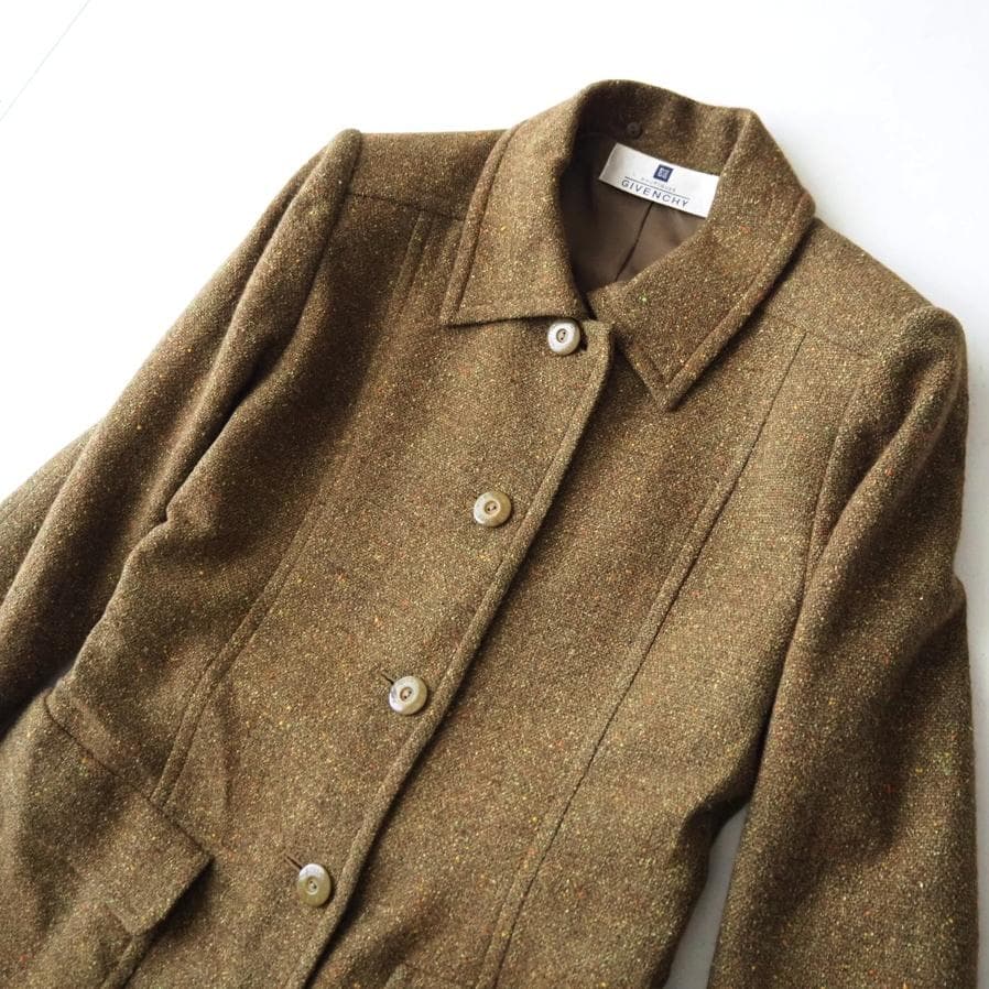 希少 美品 GIVENCHY ウールシルク ツイード ロング ステンカラーコート