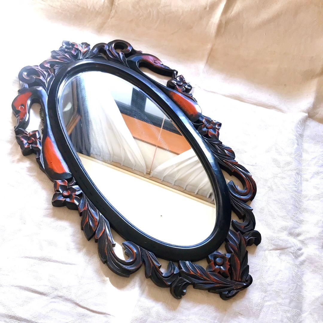 壁掛け式　鏡　木製　アンティーク　レトロ　鶴モチーフ