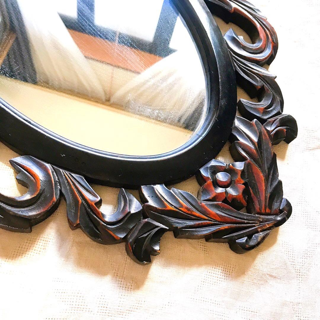 壁掛け式　鏡　木製　アンティーク　レトロ　鶴モチーフ