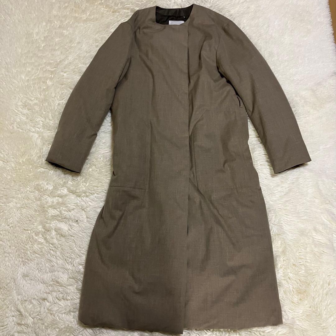 美品　ベイジ　ノーカラー　ロング　ダウン　ブラウン　Aライン　コート