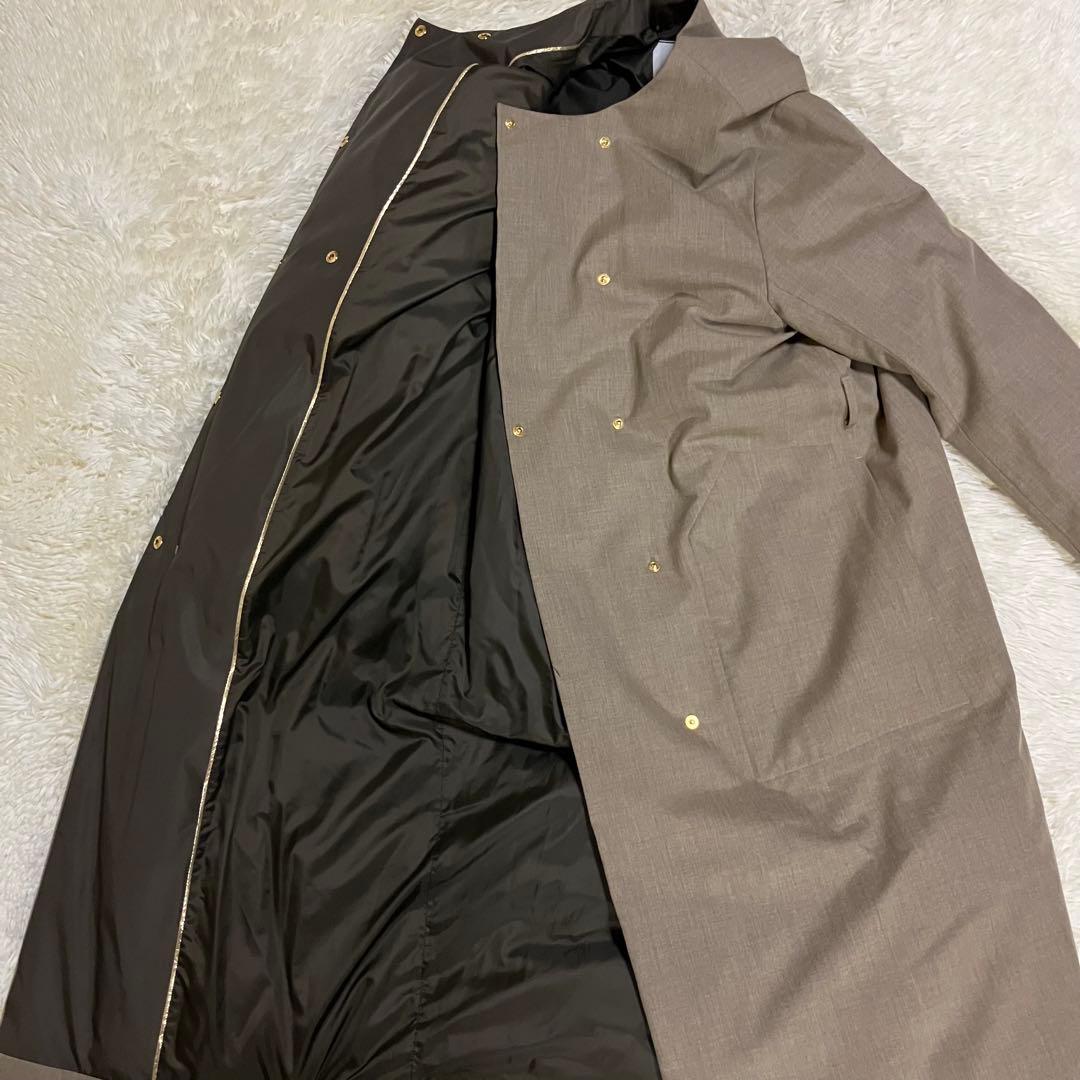 美品　ベイジ　ノーカラー　ロング　ダウン　ブラウン　Aライン　コート