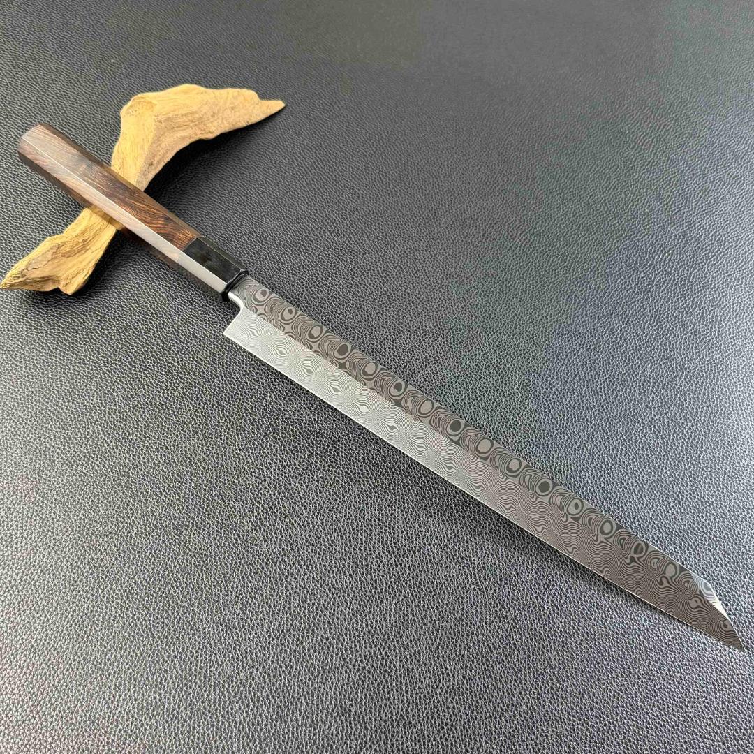 9599 新品 ダマスカス 切付包丁 尺 渦潮紋 105層 黒檀黒水牛角八角柄