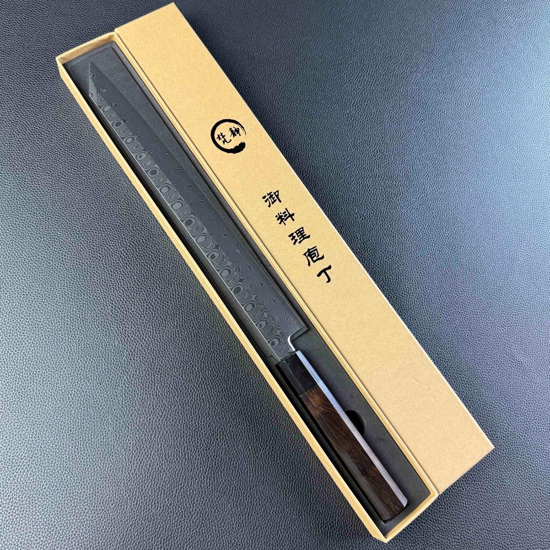 9599 新品 ダマスカス 切付包丁 尺 渦潮紋 105層 黒檀黒水牛角八角柄