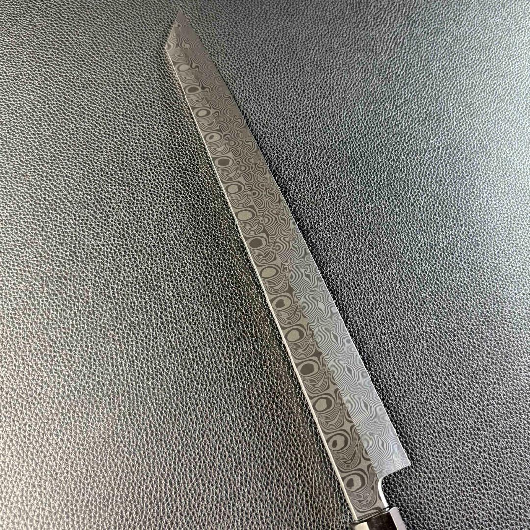 9599 新品 ダマスカス 切付包丁 尺 渦潮紋 105層 黒檀黒水牛角八角柄