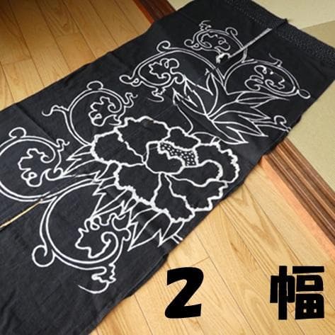 古布　絣　筒描き　牡丹　２幅　藍染　雪ん子　和風　暖簾　のれん　千鳥がけ