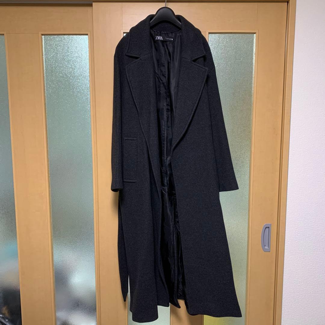 ZARAベルト付きウールコートダークグレーL
