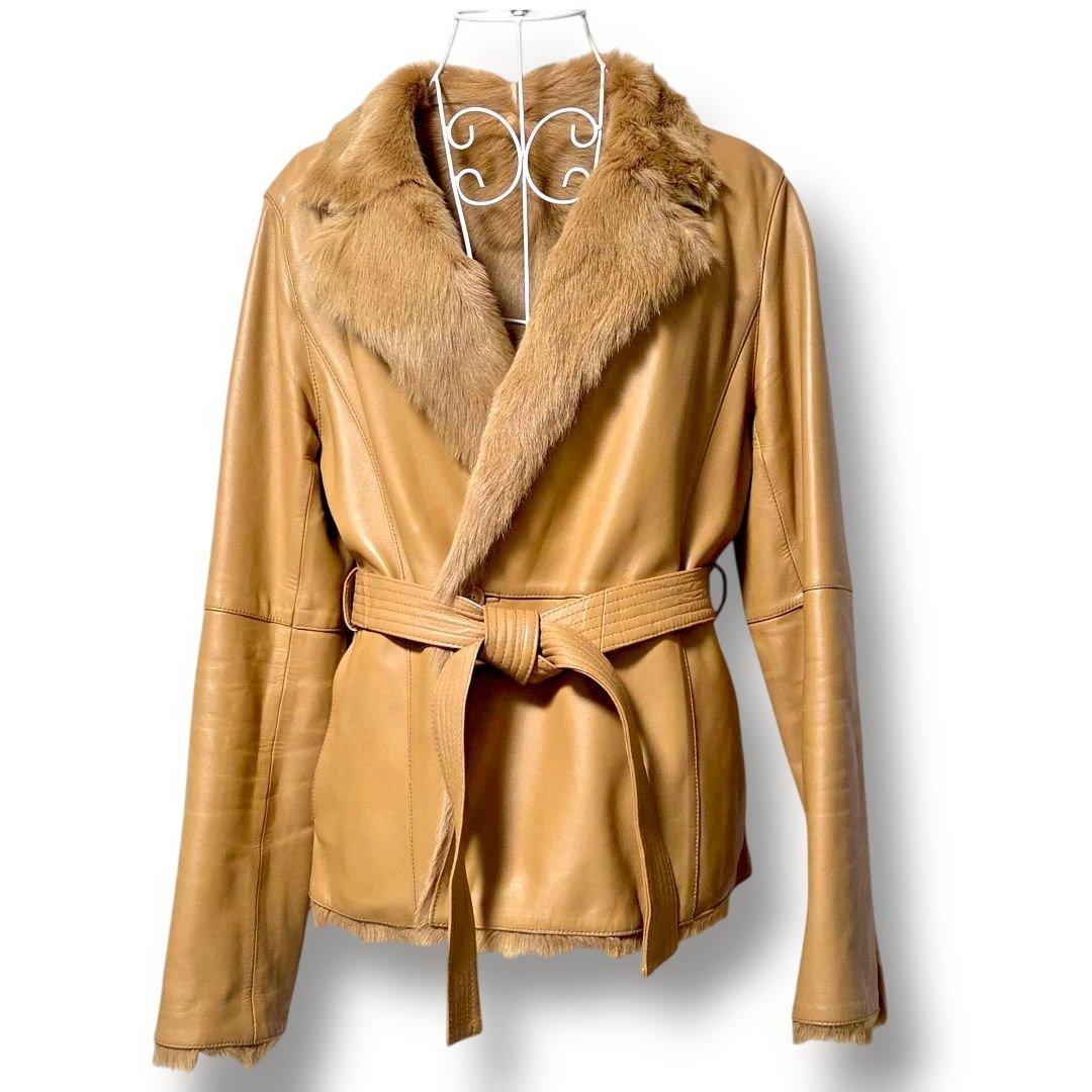 ベアトリス✨ラムレザー ファーベルト付 ジャケット 42 ライトブラウン