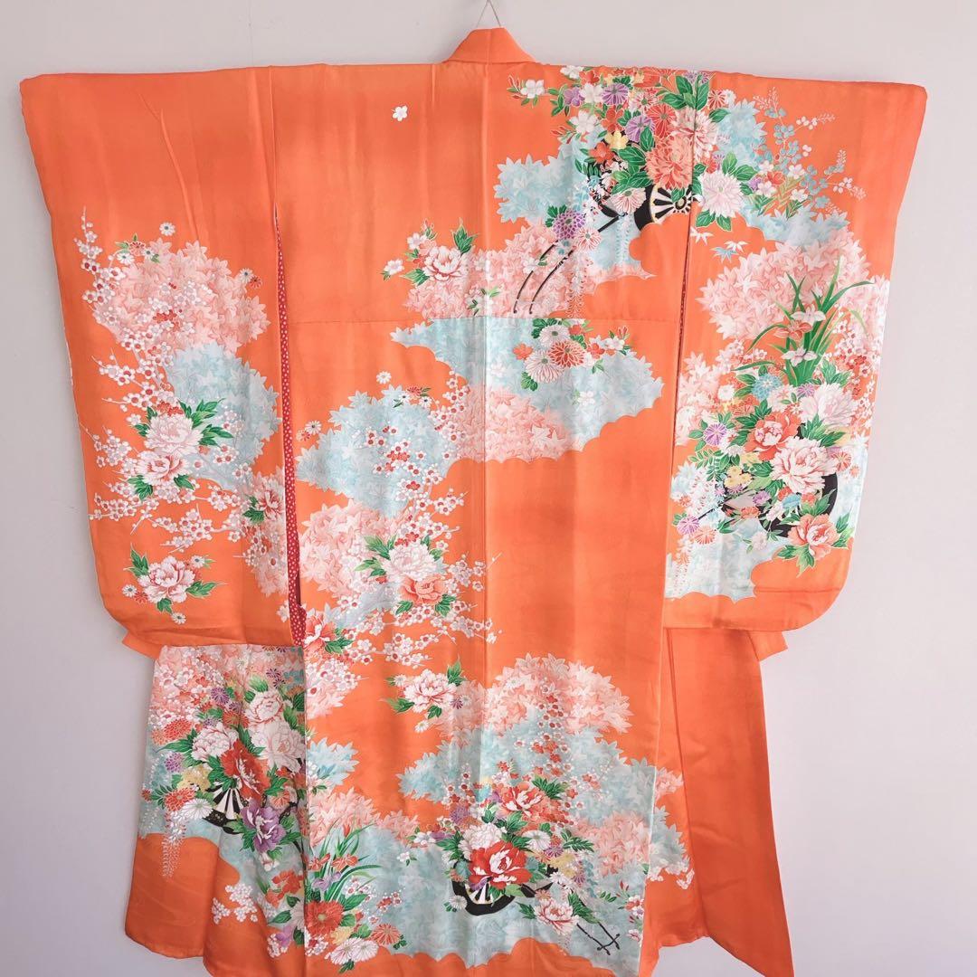フルセット 七五三 7歳女の子 きもの　オレンジ色　牡丹　小物セット