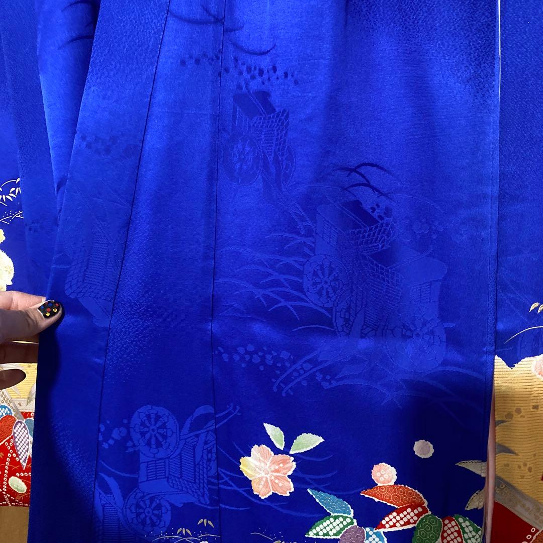 七五三　7歳　青　正絹　着物　このゆびとまれ