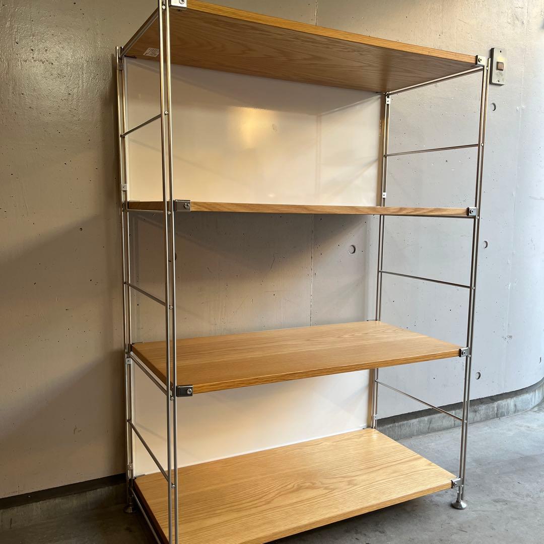 美品★無印ステンレスユニットシェルフ・オーク材棚セット・ワイド中 バックパネル付