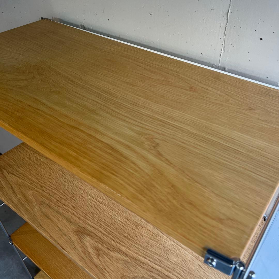 美品★無印ステンレスユニットシェルフ・オーク材棚セット・ワイド中 バックパネル付