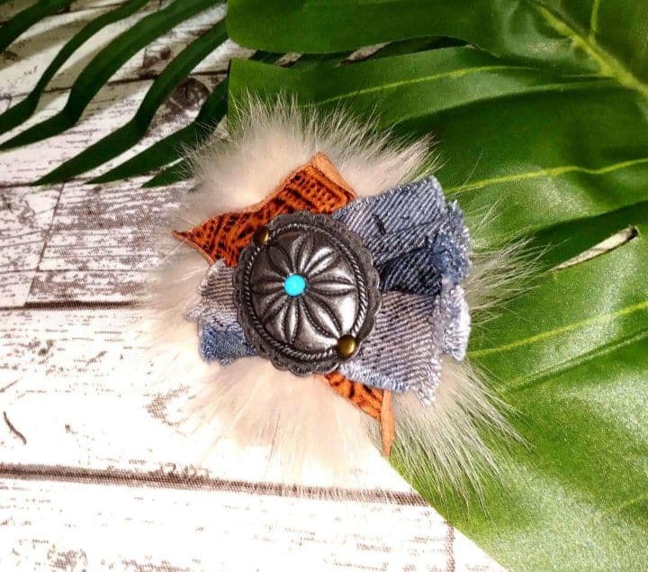 antique風　vintage調　ファーコンチョ　手染めデニムヘアークリップ