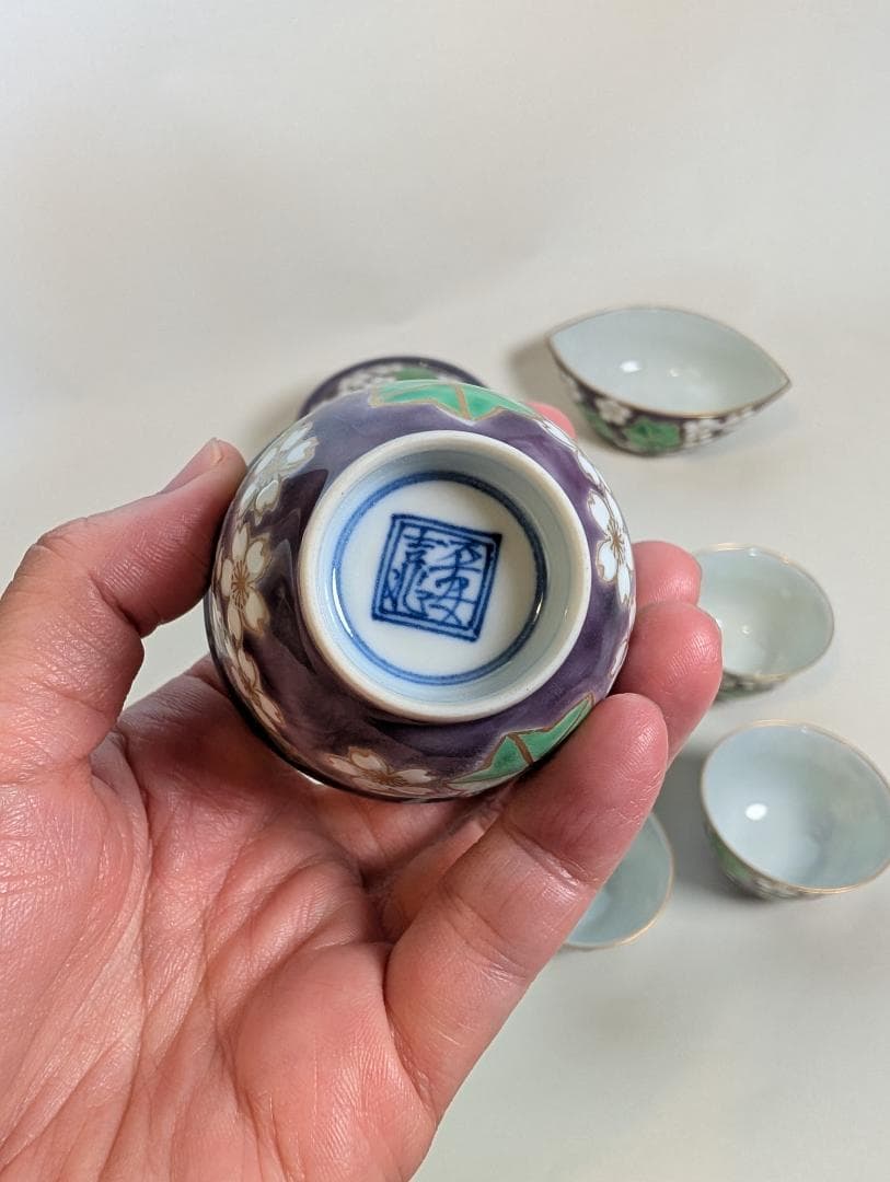 平安　清水焼　清川吉兆作　紫雲錦　宝瓶・湯冷し・煎茶椀5客 箱入り 煎茶道具