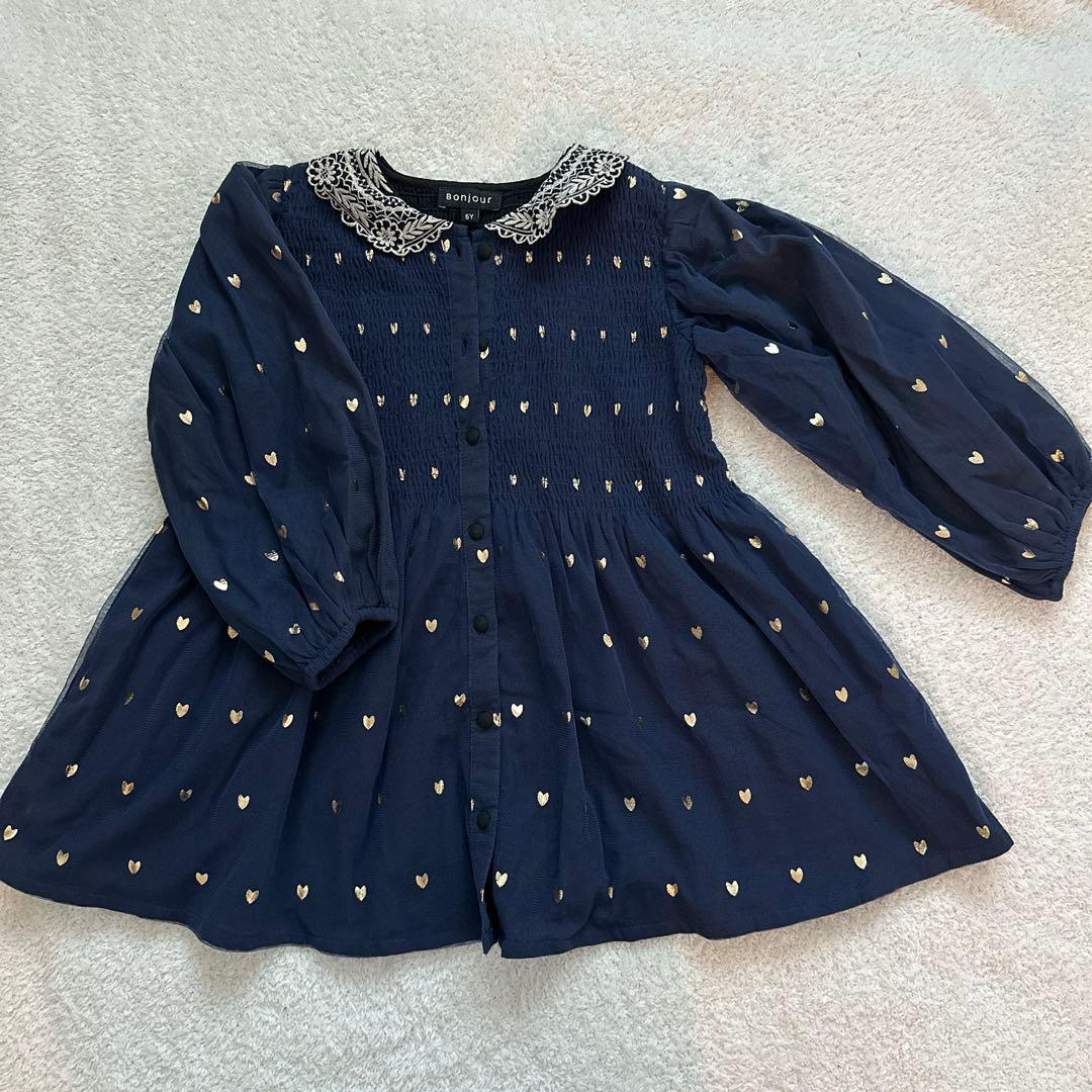 Bonjourネイビー ハート模様 長袖チュニック