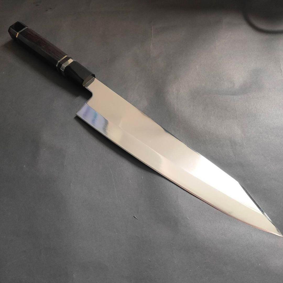k*0様 ウルトラ鏡面銀三本焼 刀型切付包丁285mm 黒檀銀巻柄 柳刃包丁