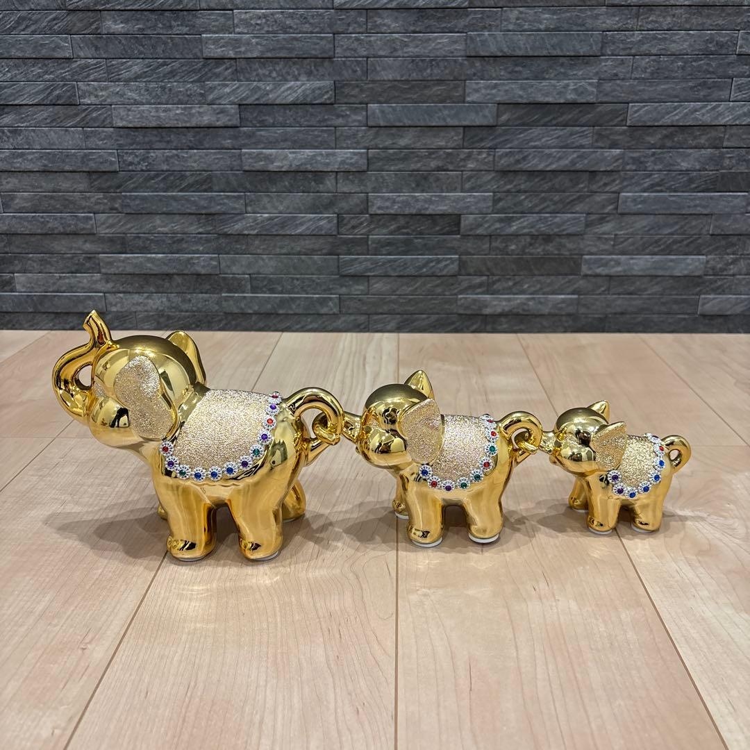 金色のゾウの置物　親子3個セット　インテリア