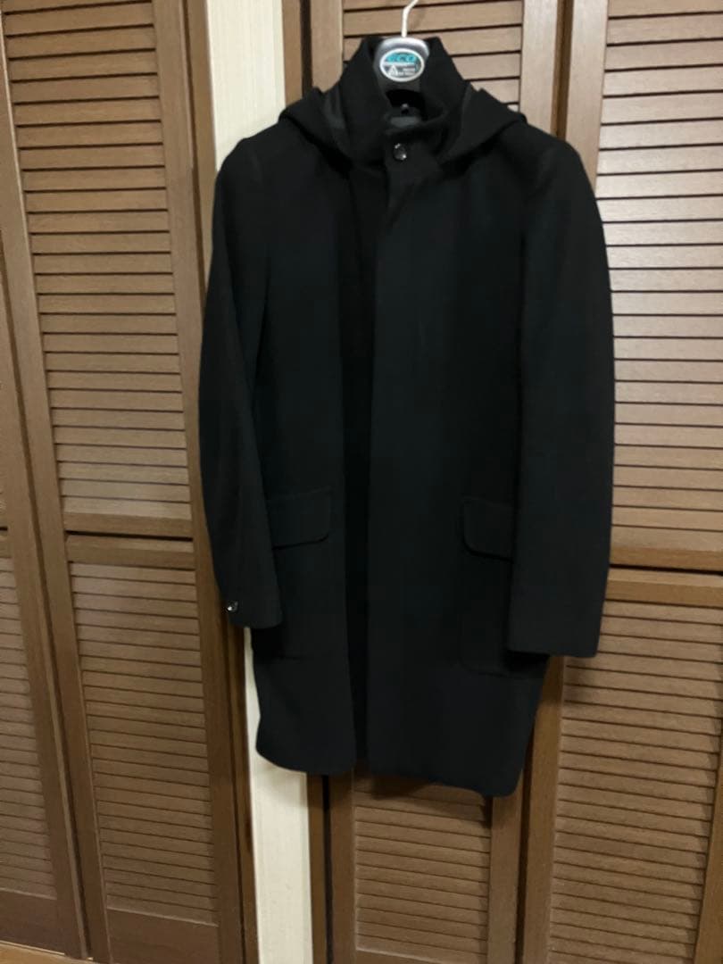 Theor セオリーロングコートウール100% フード付ブラックジップアップ