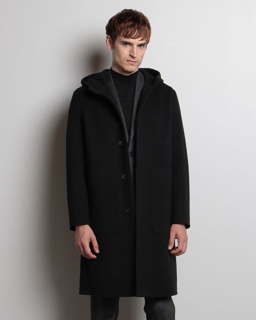 Theor セオリーロングコートウール100% フード付ブラックジップアップ
