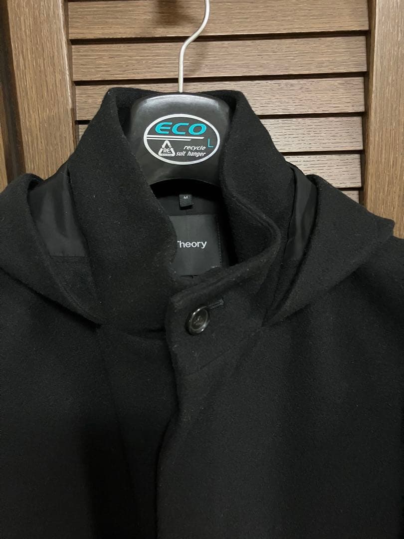Theor セオリーロングコートウール100% フード付ブラックジップアップ