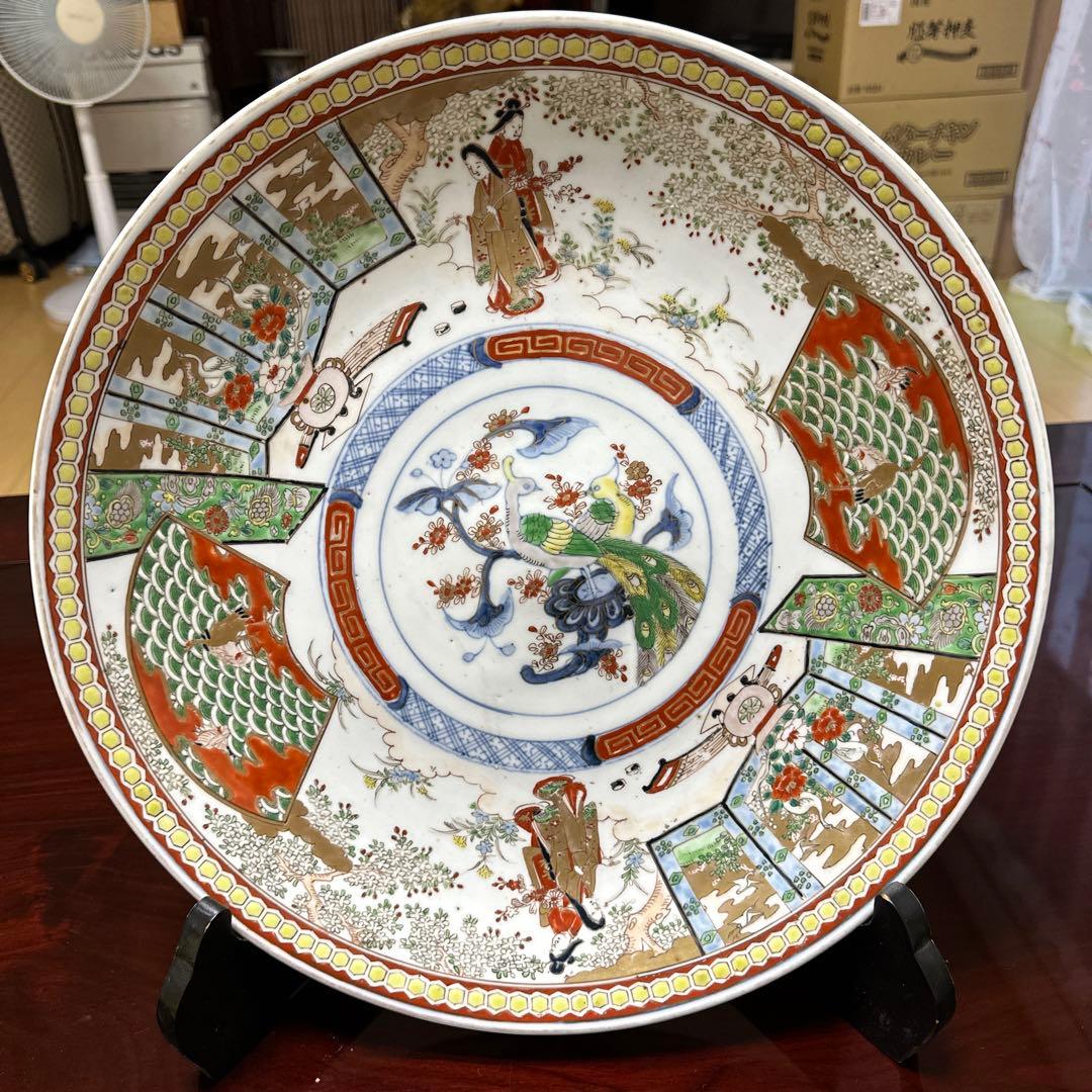 骨董品　古伊万里　有田焼　明治時代　錦手金彩色絵　飾り皿　大皿