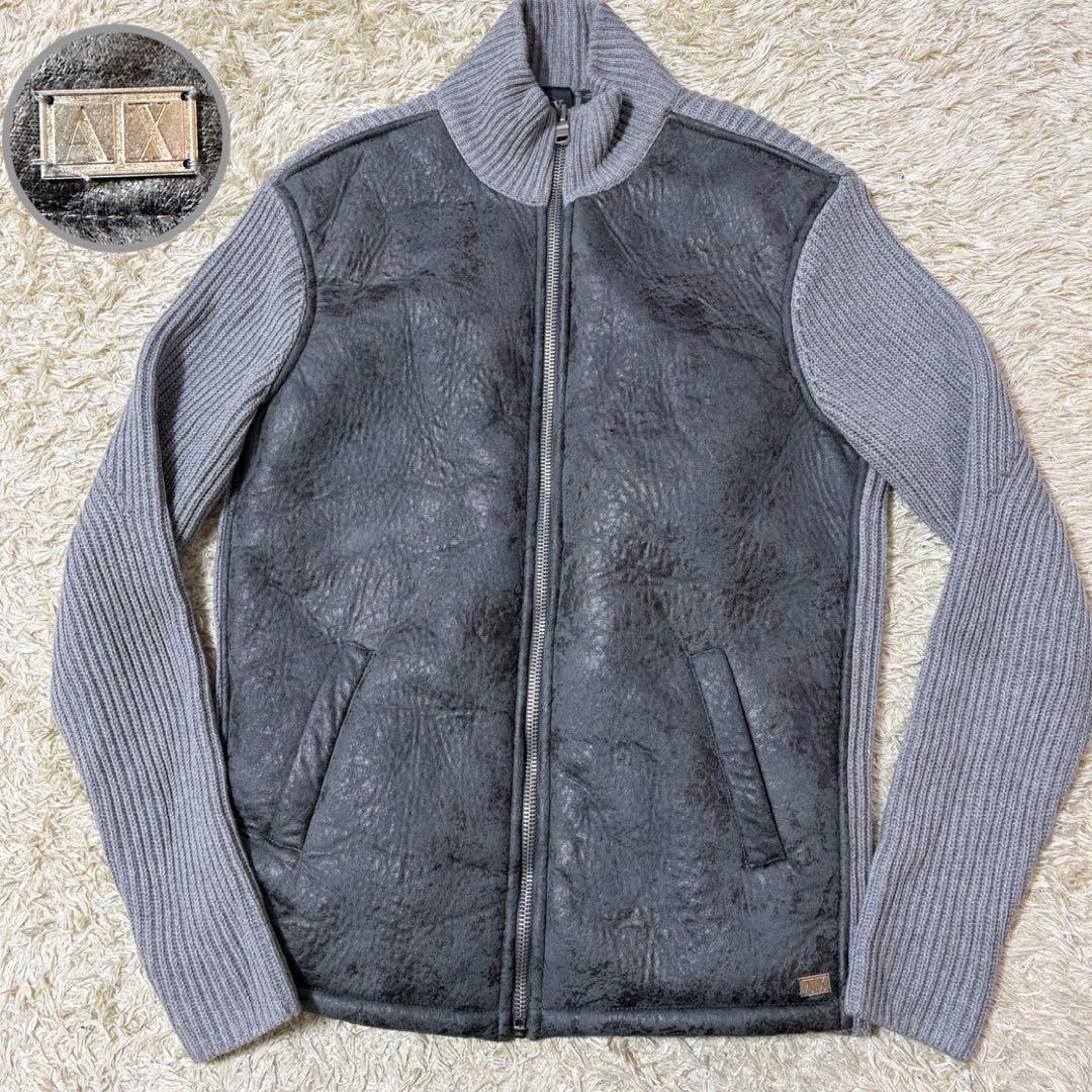 美品 Lサイズ アルマーニエクスチェンジ フェイクムートン ニットジャケット