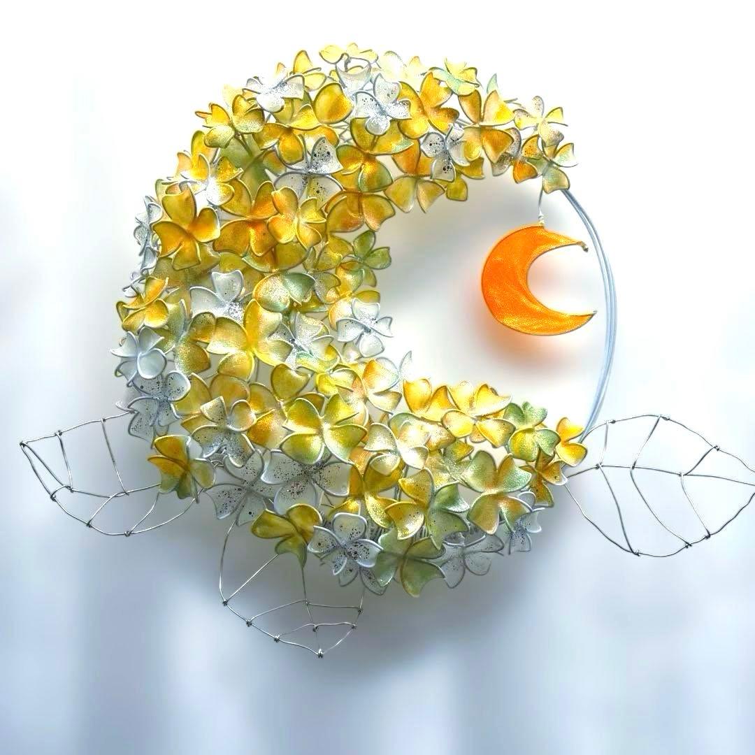 一点物　月×大きな紫陽花リース　ワイヤークラフト　ディップアート　アート