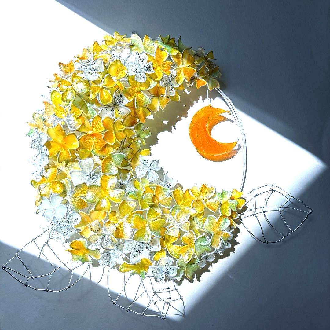 一点物　月×大きな紫陽花リース　ワイヤークラフト　ディップアート　アート