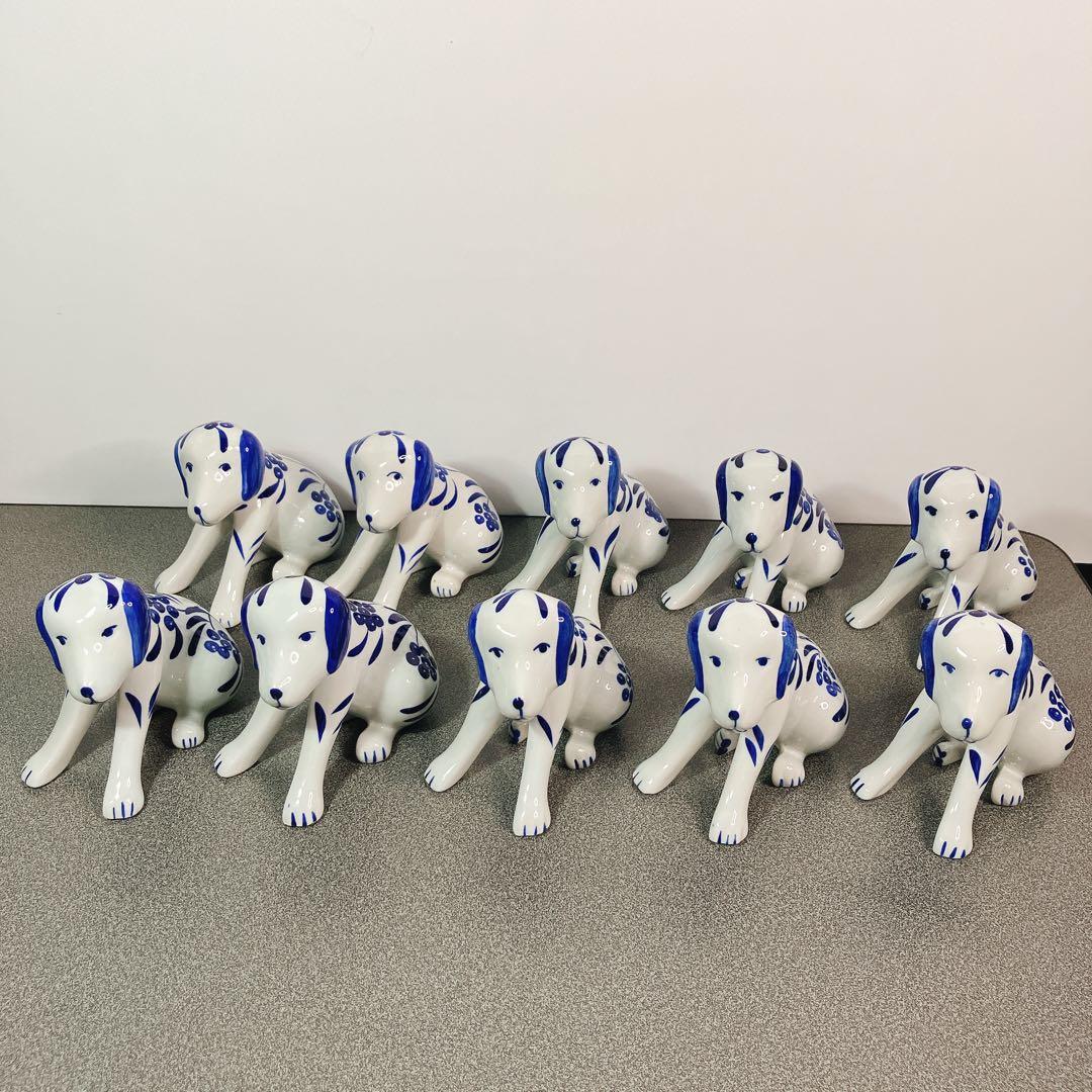 犬の兄弟 陶器 置物 青白 花柄 10体セット 表情違い 犬 ドッグ dog