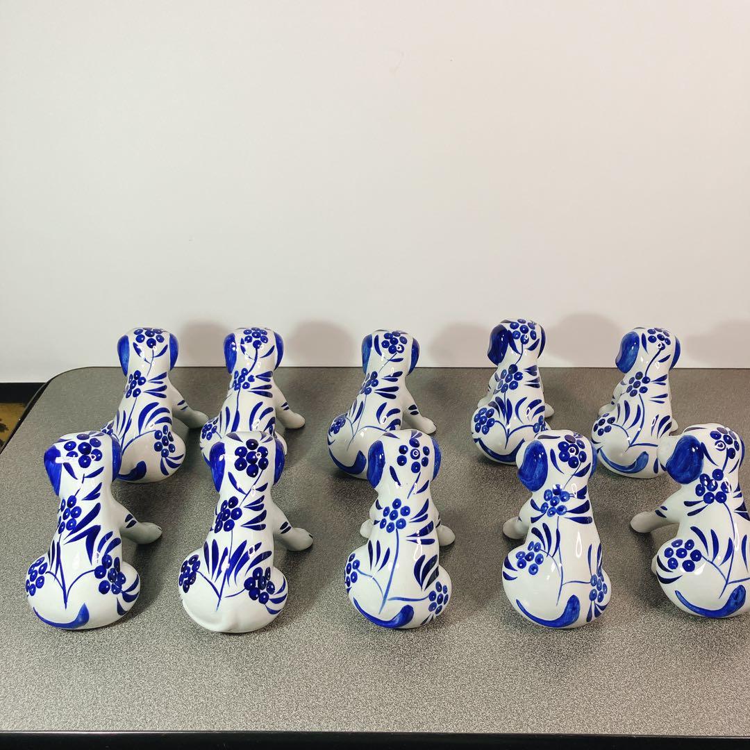 犬の兄弟 陶器 置物 青白 花柄 10体セット 表情違い 犬 ドッグ dog