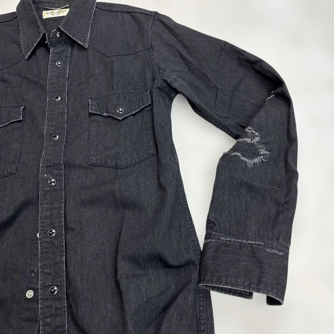 サンローラン エディ期 SAINT LAURENT クラッシュデニムシャツ 黒