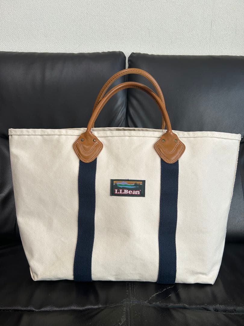 美品LLBean アイボリー ネイビー トートバッグ　 レバーハンドル　ラージ