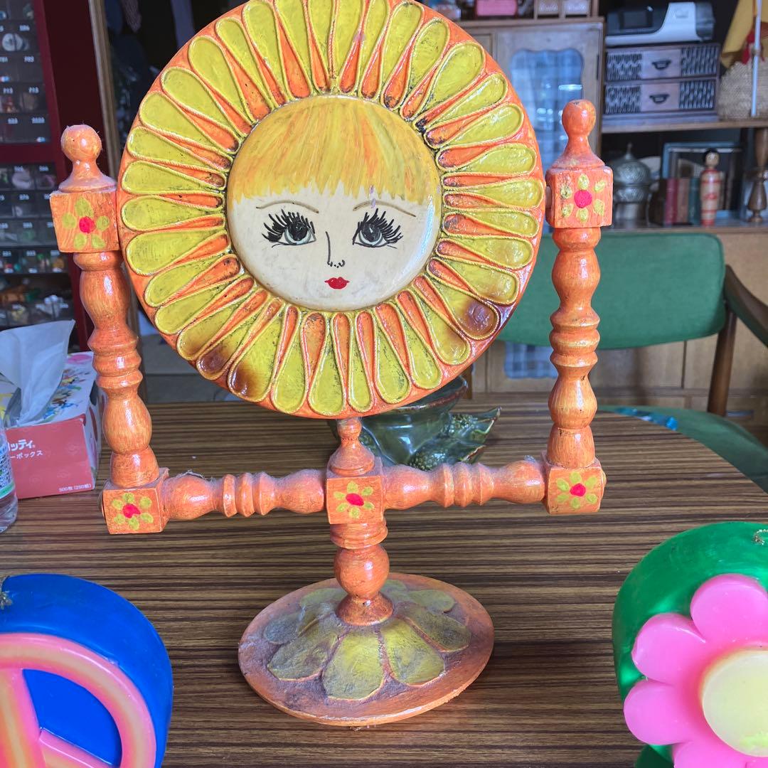 レトロ 木製 ミラー 太陽デザイン