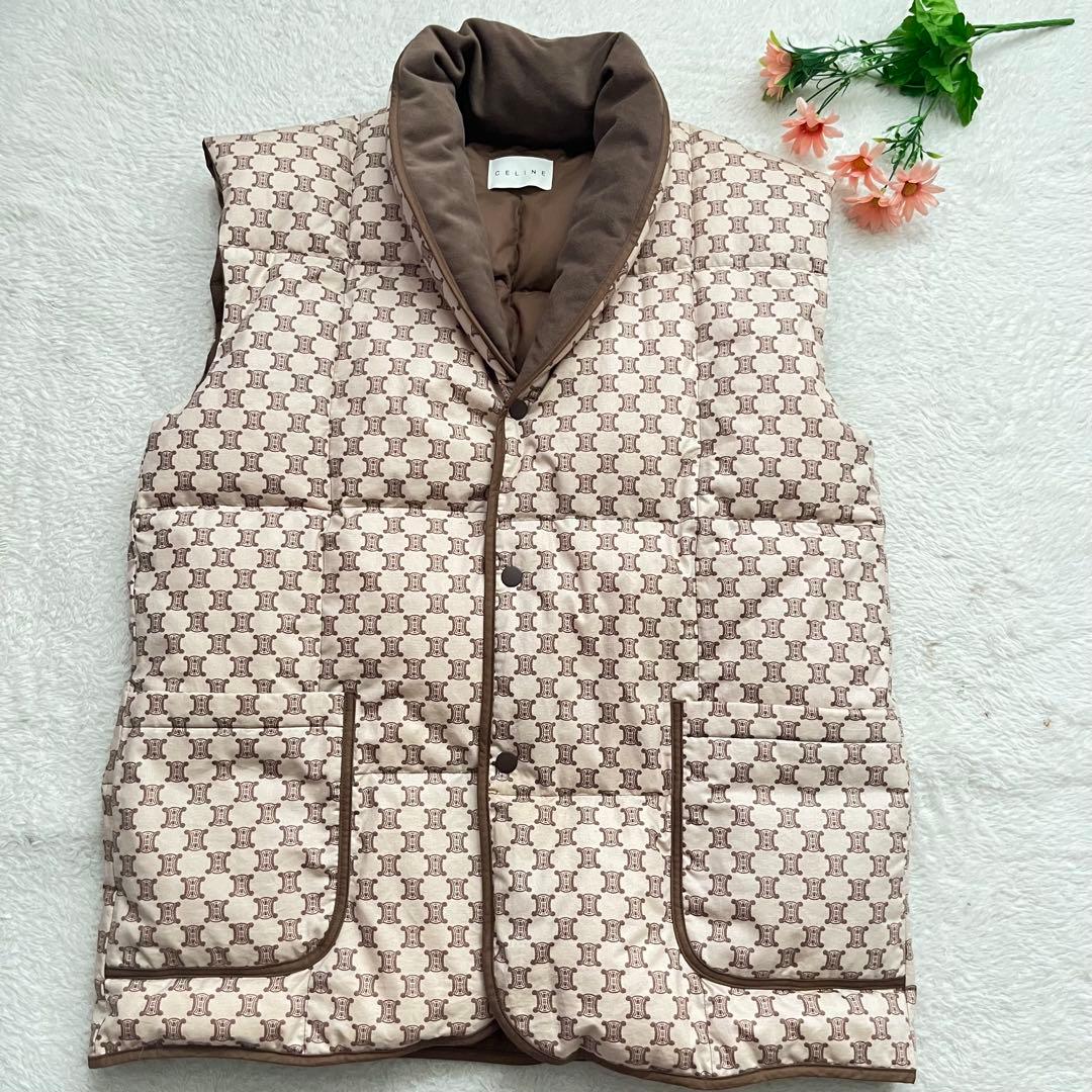 CELINE キルティングダウンベスト ベージュ/ブラウン　総柄　トリオンフ