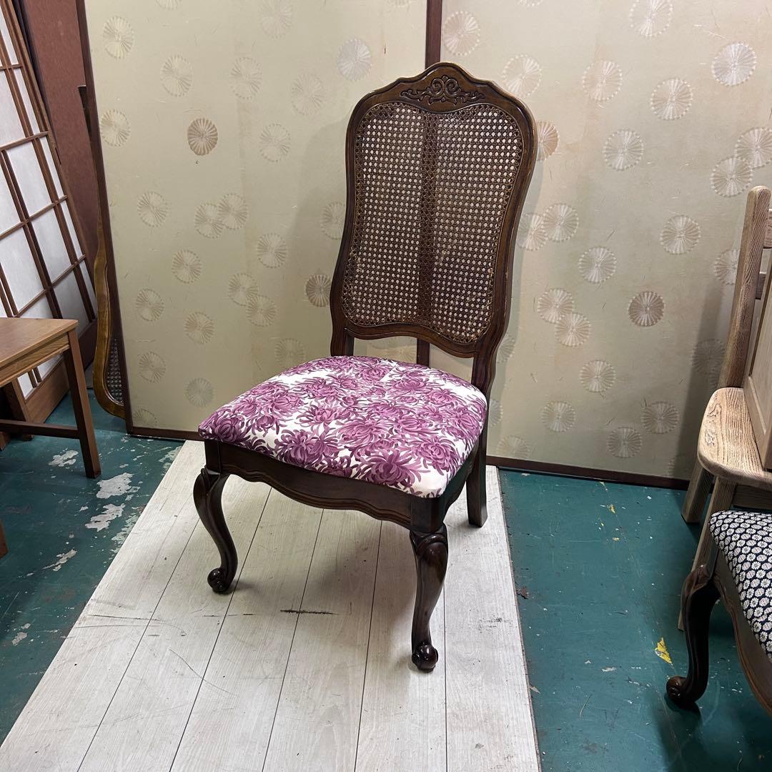 猫足 ダイニングチェア 座面着物リメイク 背ラタン