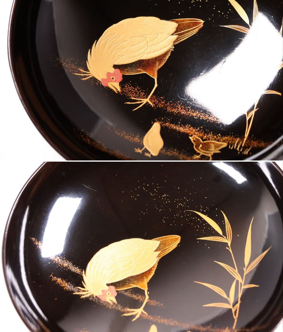 【CM354】時代蒔絵椀 竹に鶏金蒔絵 平椀五客 木製 /(検) 輪島塗加賀能登