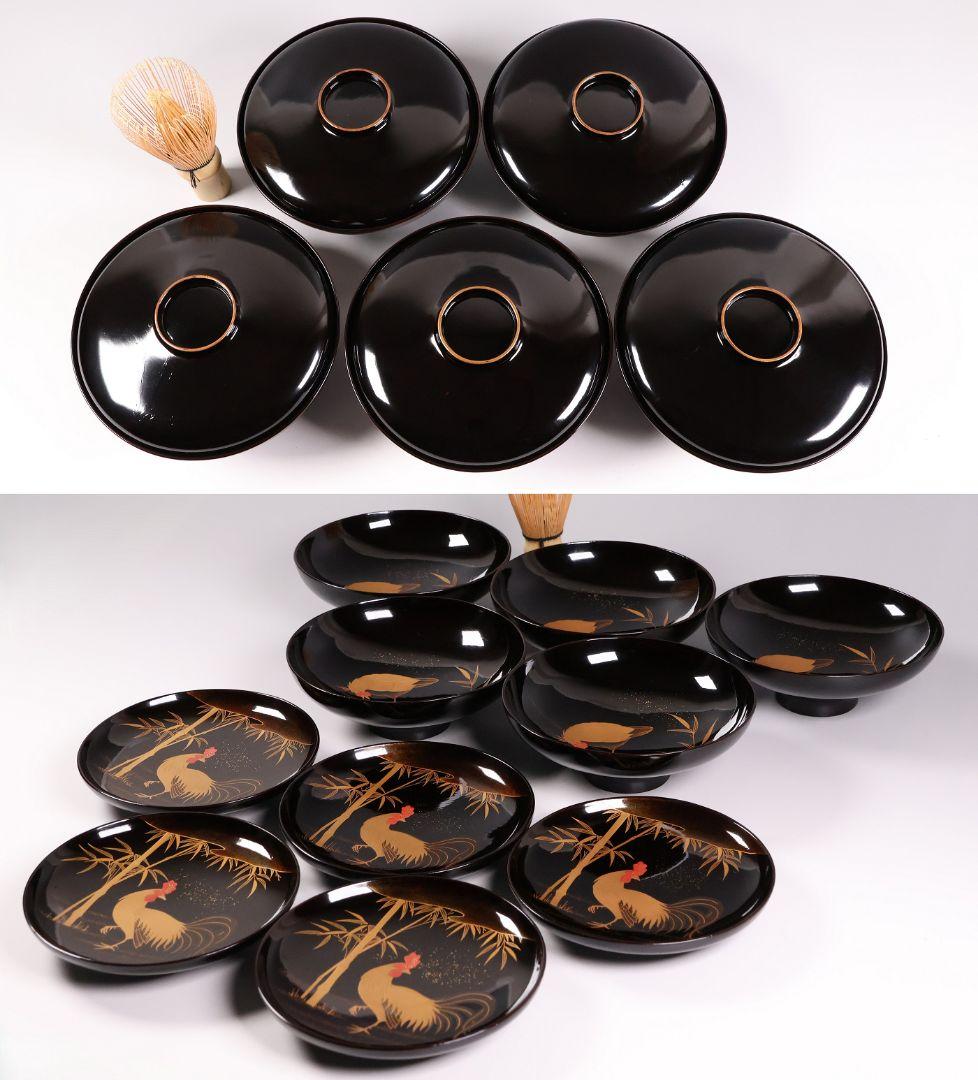 【CM354】時代蒔絵椀 竹に鶏金蒔絵 平椀五客 木製 /(検) 輪島塗加賀能登