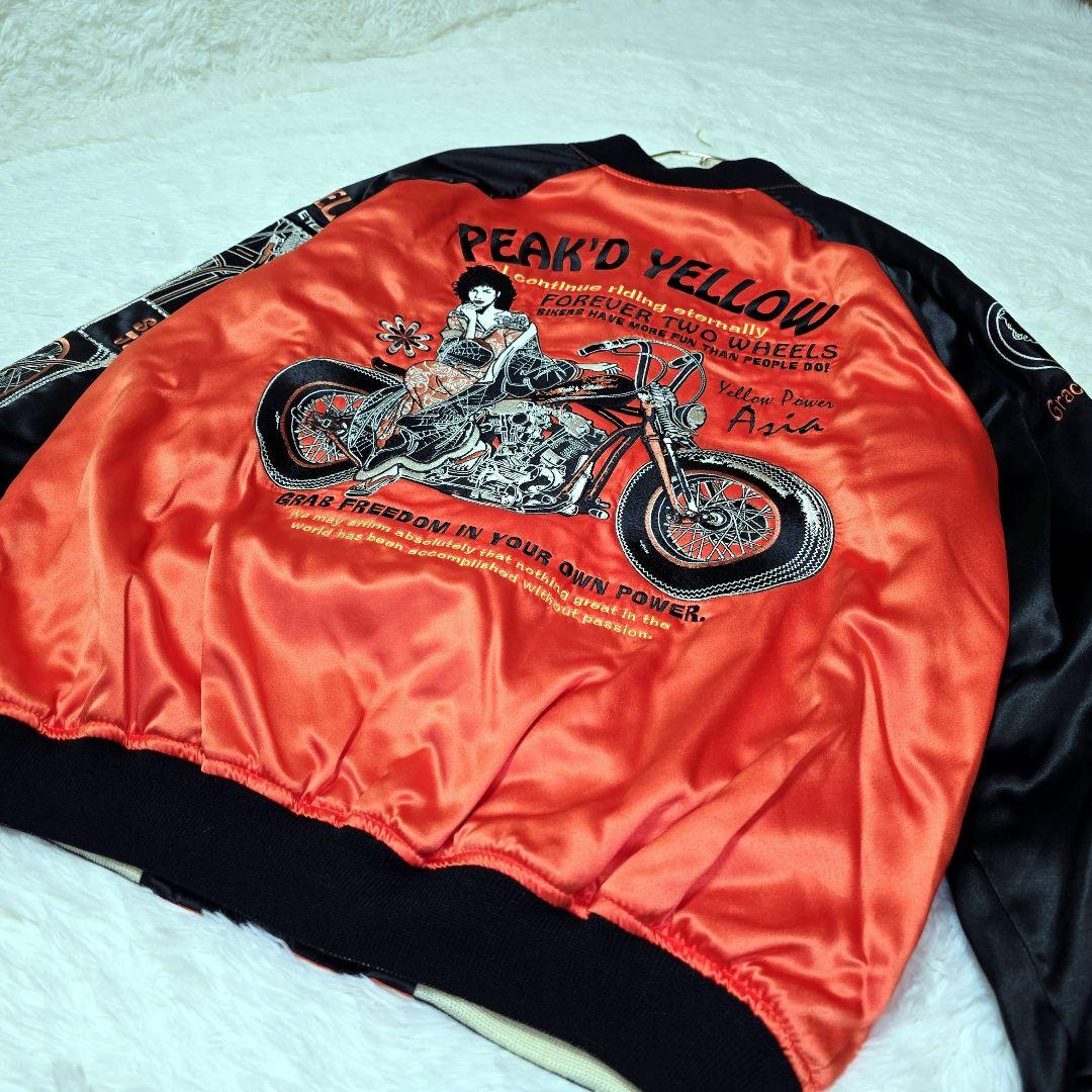PEAK'D YELLOW スカジャン ブラック×オレンジ 刺繍 バイク 和柄