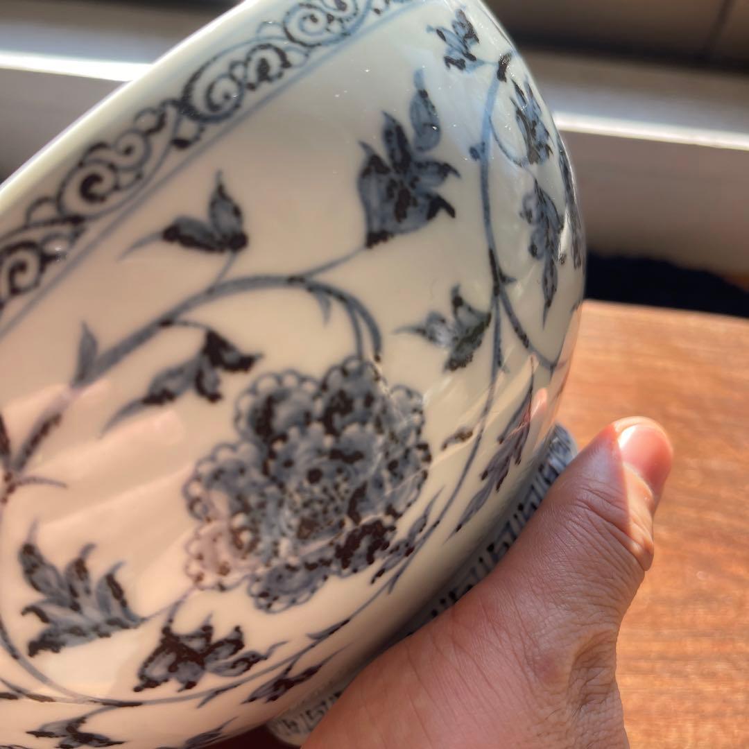 希少美品　明初期　染付青い花柄の陶器ボウル