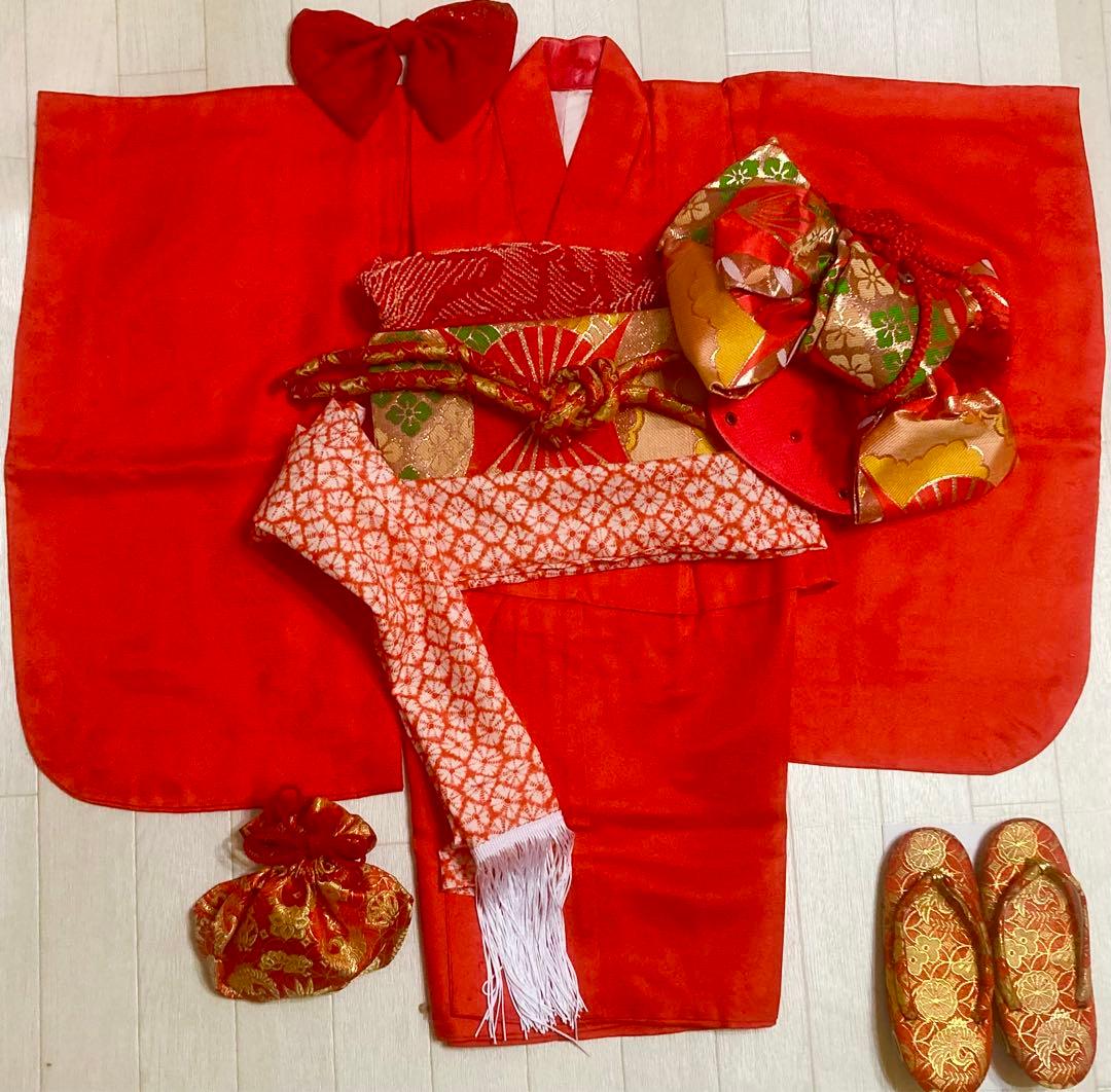 七五三　正絹　百貨店取扱品　３歳　作り帯　セット　赤