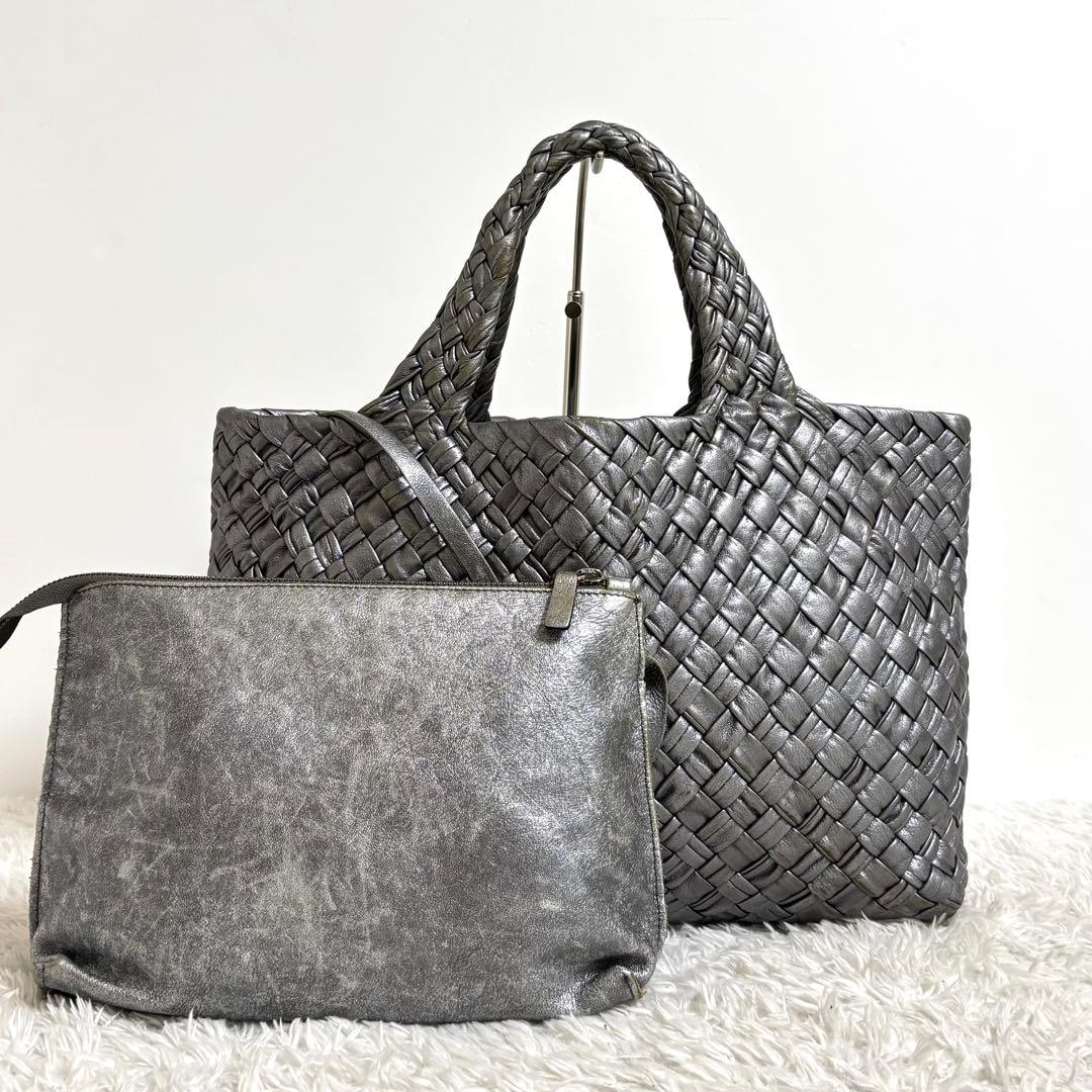 ファロルニ トートバッグ 編み込み レザー ハンドバッグ ポーチ付き