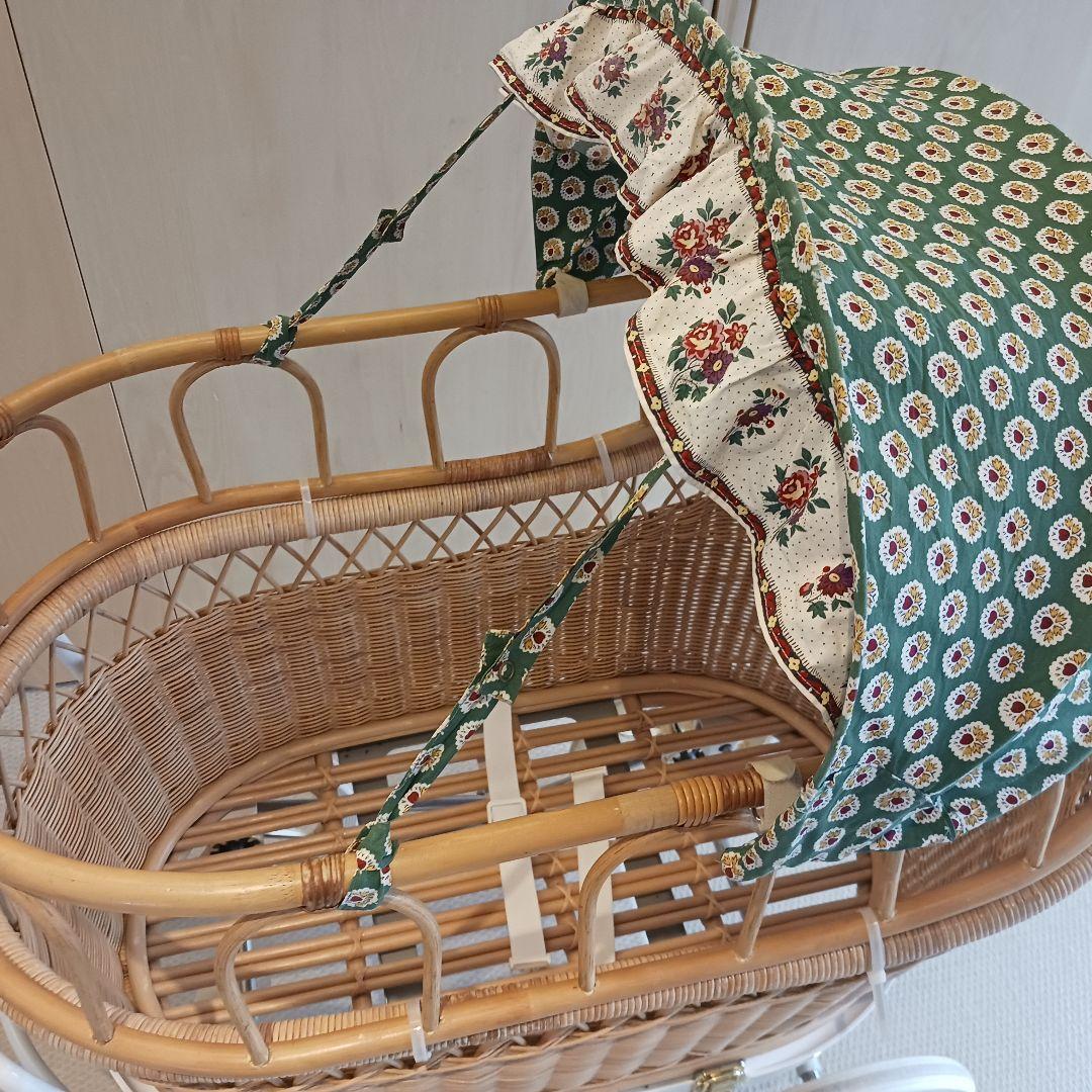 プスプス 東京乳母車 リバティプリント グリーン★フェンス付 ベビーカー 白車輪