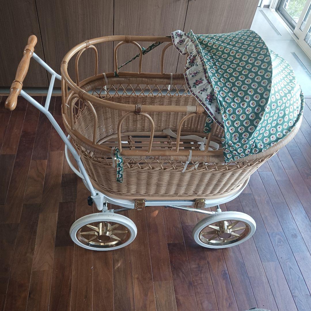 プスプス 東京乳母車 リバティプリント グリーン★フェンス付 ベビーカー 白車輪