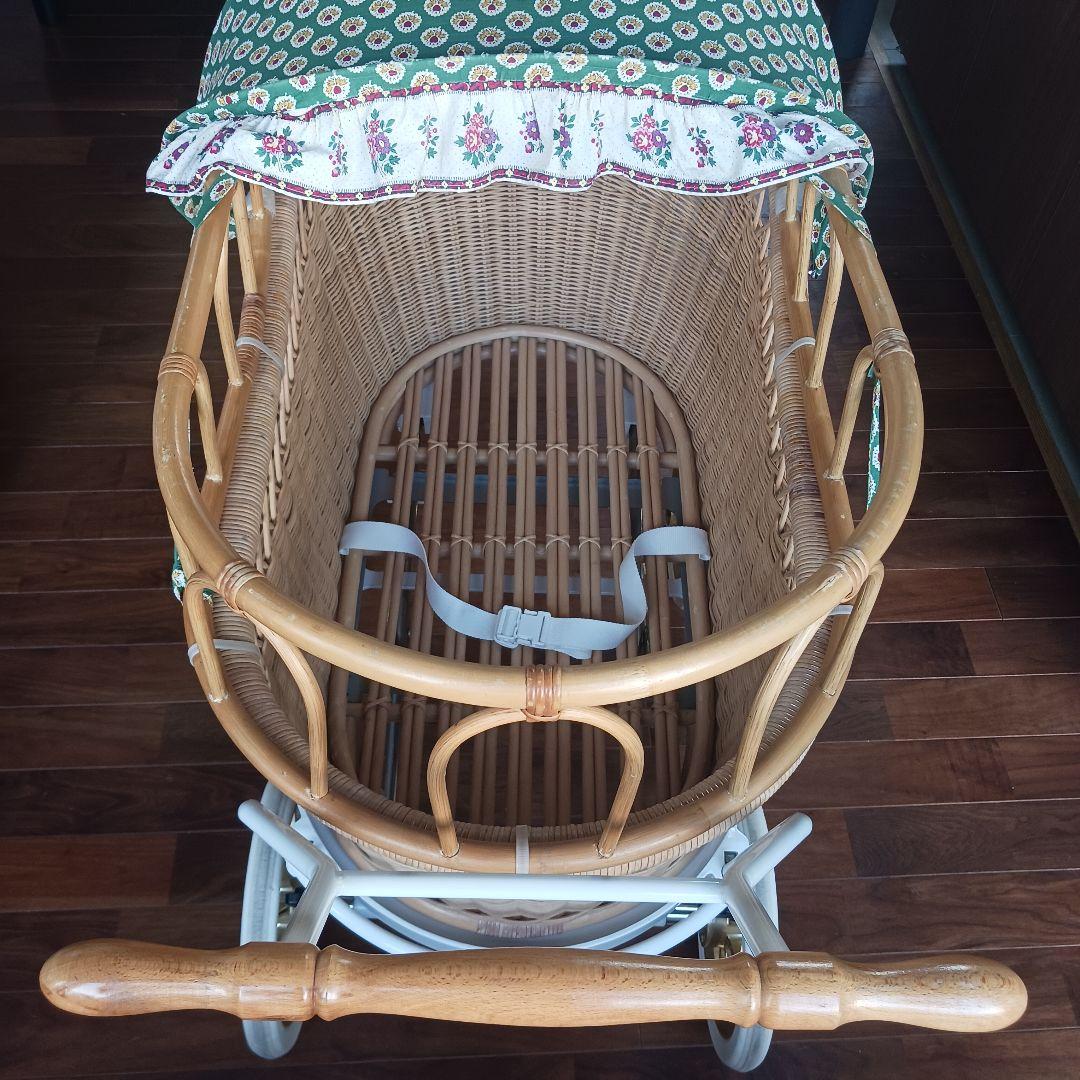 プスプス 東京乳母車 リバティプリント グリーン★フェンス付 ベビーカー 白車輪