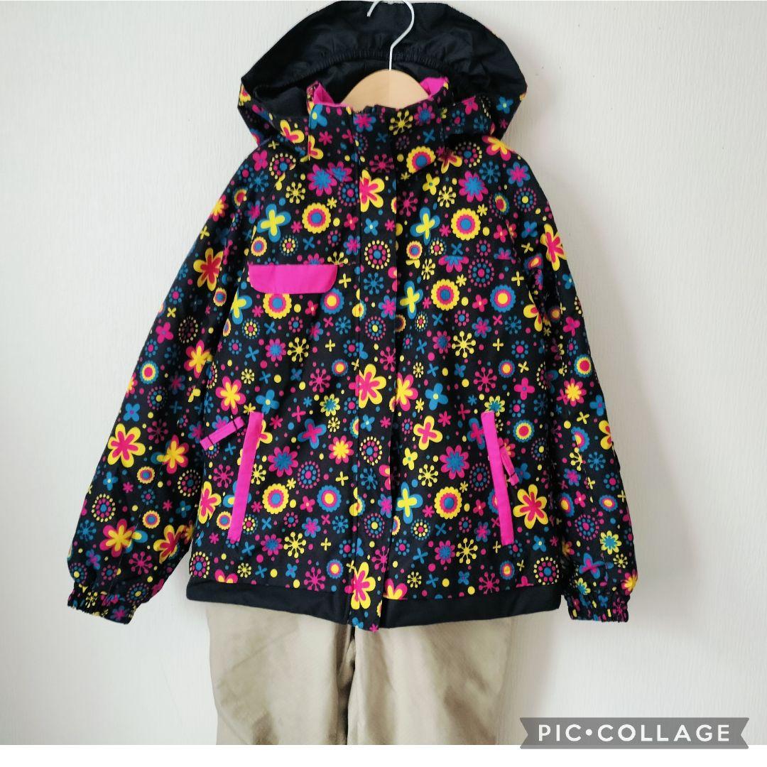 【美品】Phenix 女の子 スキーウェア 140 130調節 黒 花柄 上下